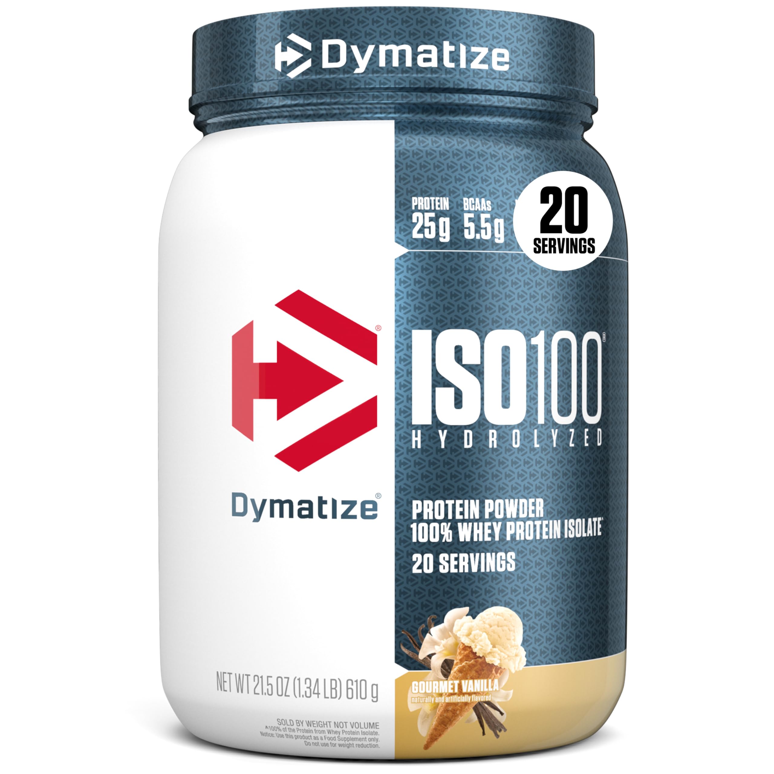 Dymatize ISO100 envase frontal mostrando sabor vainilla y beneficio de proteína pura