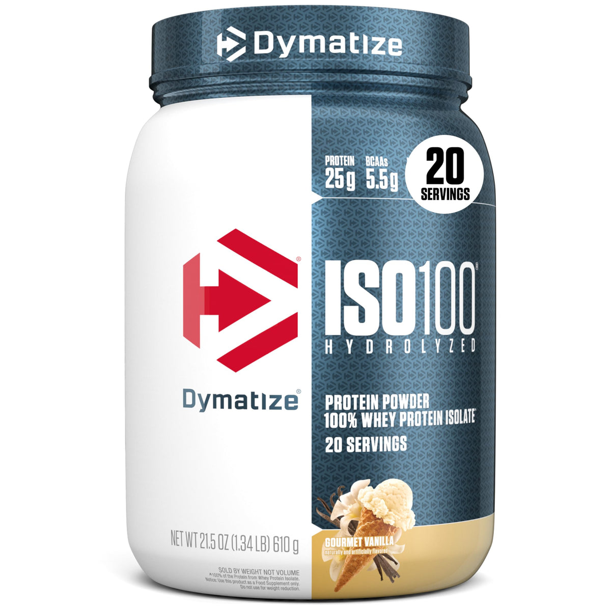 Dymatize ISO100 envase frontal mostrando sabor vainilla y beneficio de proteína pura
