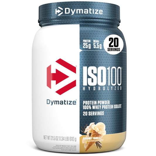 Dymatize ISO100 envase frontal mostrando sabor vainilla y beneficio de proteína pura