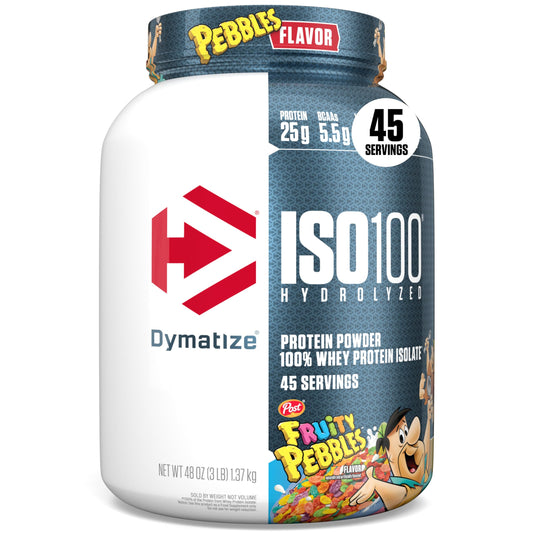 Dymatize ISO100 frontal del bote mostrando el diseño y sabor Fruity Pebbles