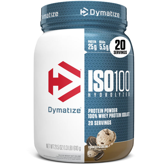 Dymatize ISO100 frontal del envase mostrando la marca y beneficios