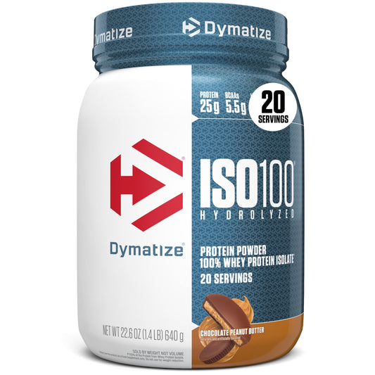 Dymatize ISO100 vista frontal del envase mostrando etiqueta y sabor Chocolate Peanut Butter