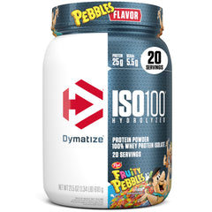 Dymatize envase frontal Fruity Pebbles mostrando sabor y beneficio proteinico