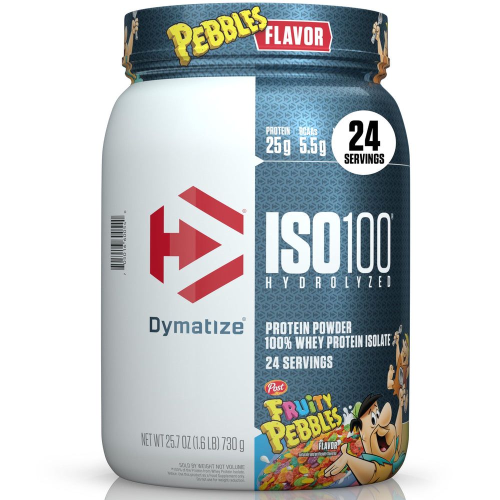 Dymatize ISO100 frontal del envase mostrando diseño y beneficio de pureza