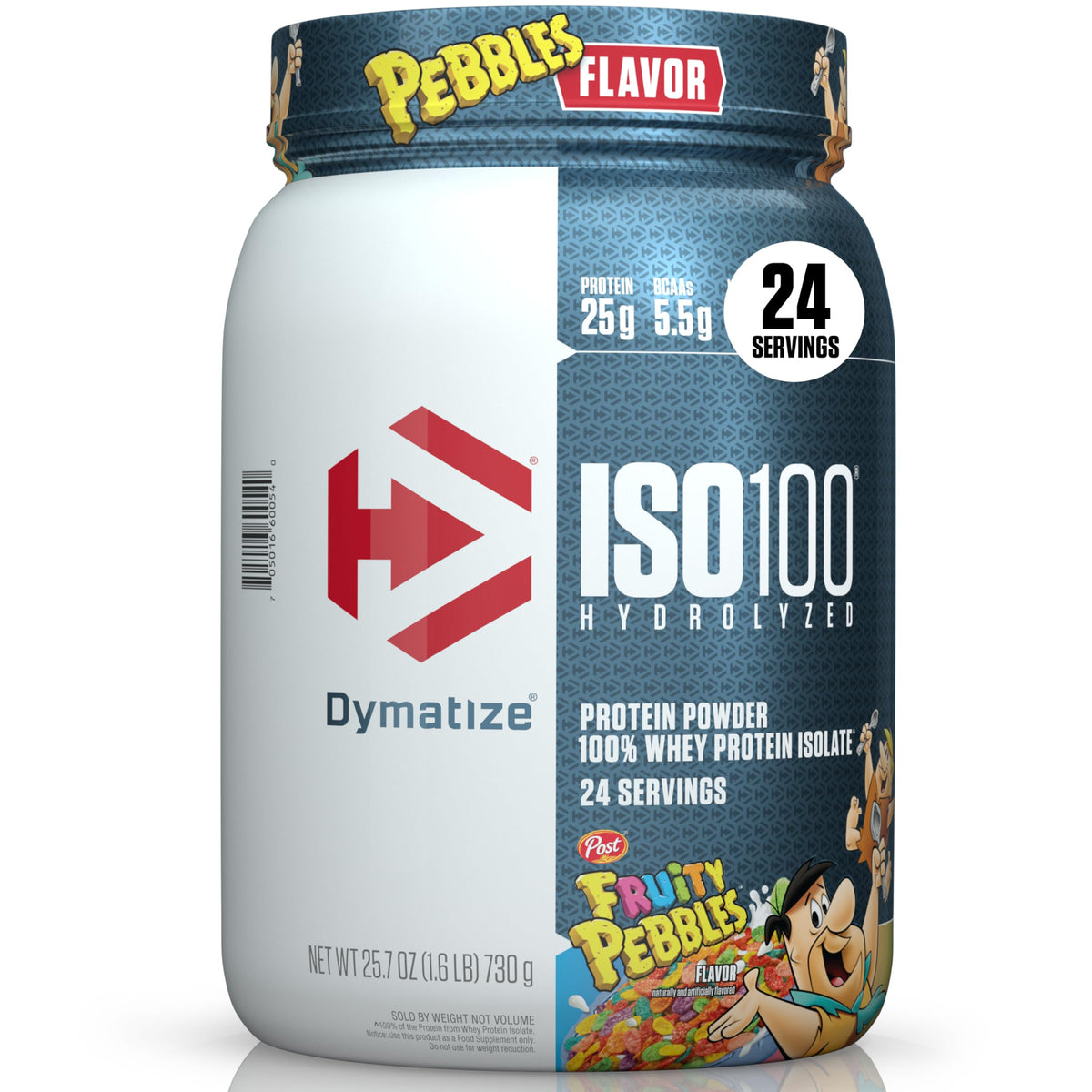 Dymatize ISO100 frontal del envase mostrando diseño y beneficio de pureza