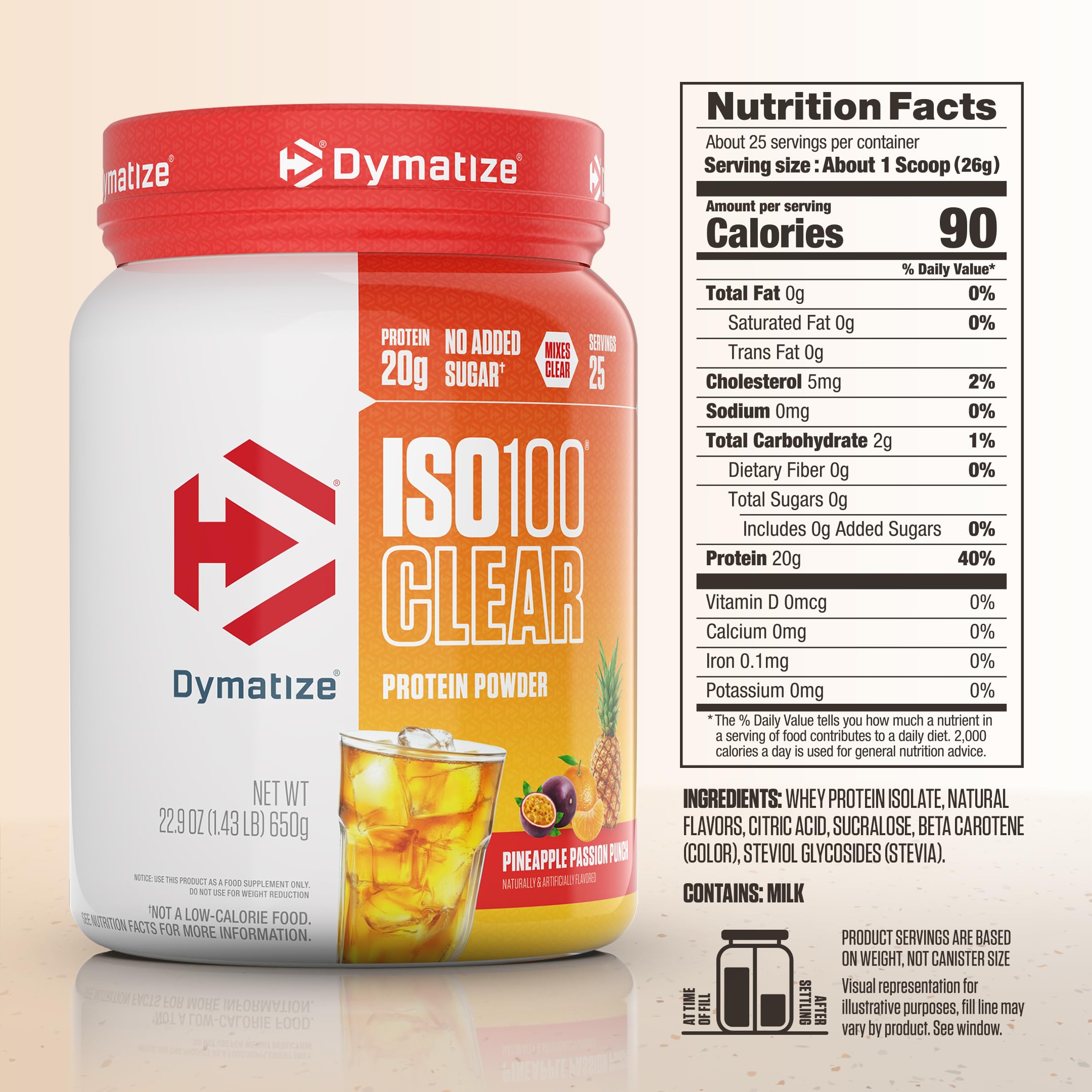 Detalle del polvo Dymatize ISO100 Clear que destaca solubilidad rápida