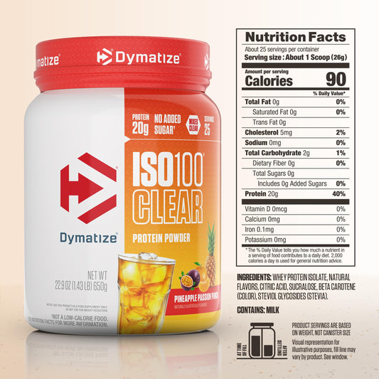 Detalle del polvo Dymatize ISO100 Clear que destaca solubilidad rápida