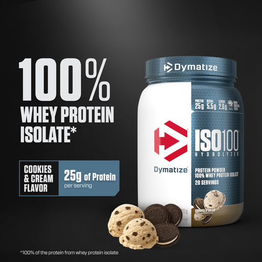 Detalle de la textura del polvo Dymatize ISO100 crema y fácil mezcla