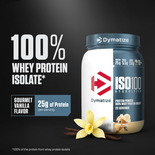 Polvo Dymatize ISO100 vista de textura fina que facilita mezcla rápida