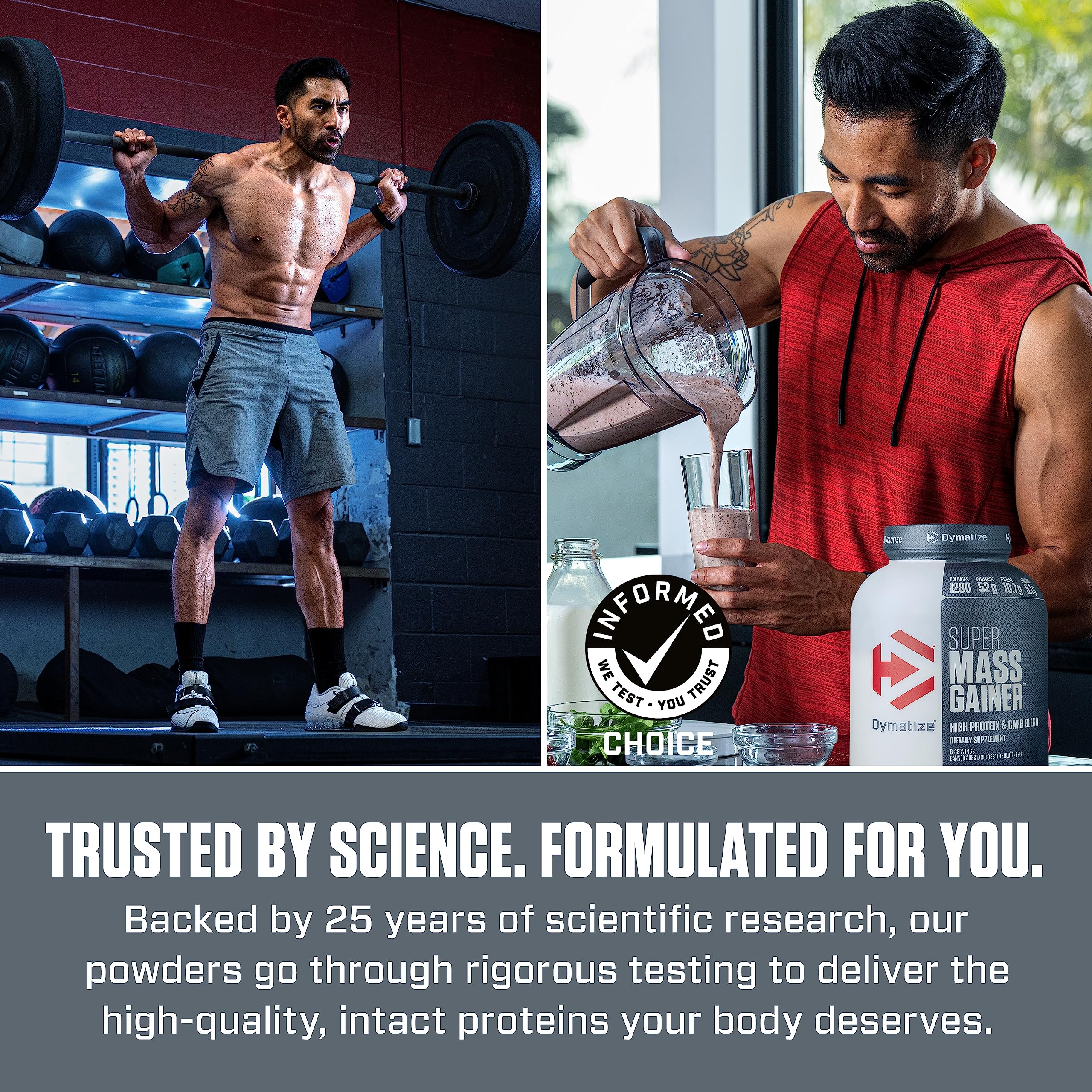 Dymatize envase lateral con información de uso y advertencias claras