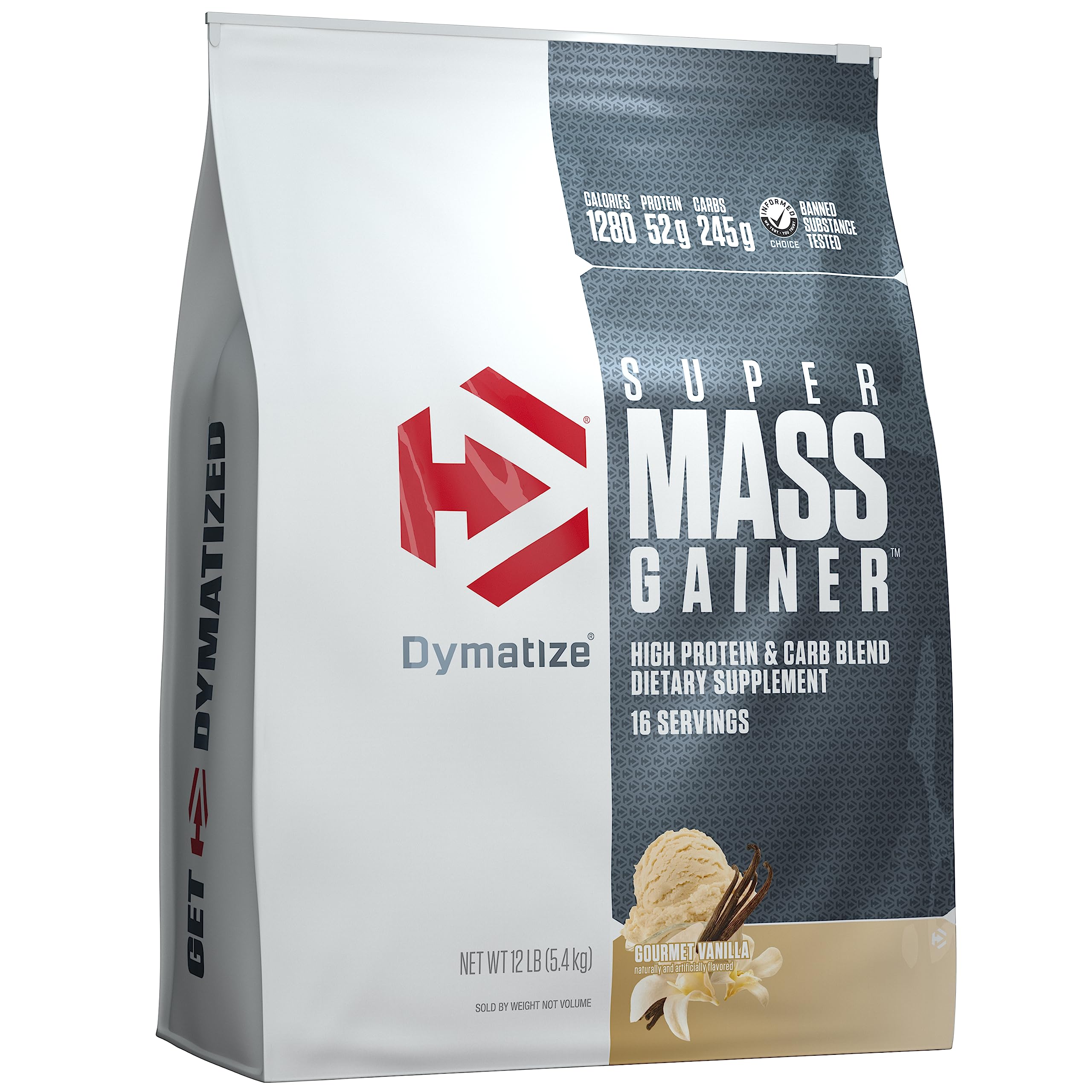 Envase Dymatize Super Mass Gainer frontal, presentación clara y potente aporte calórico