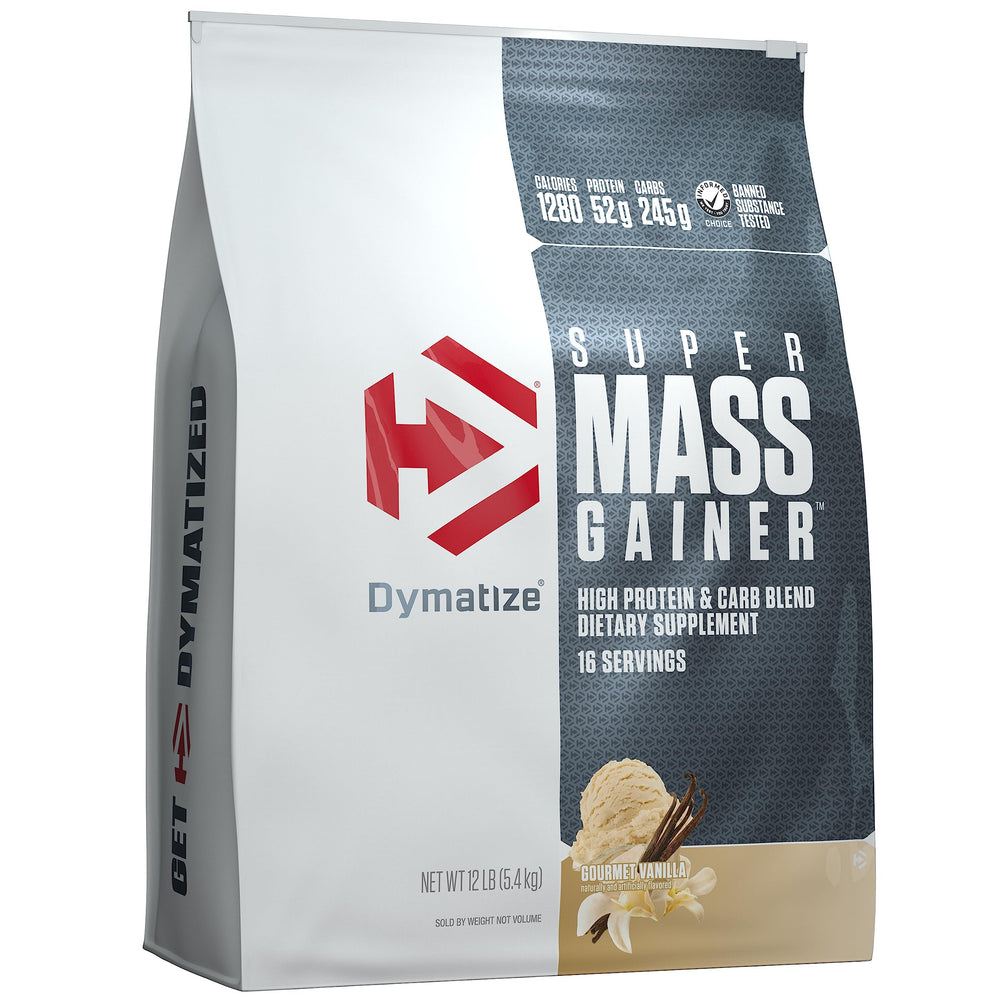 Envase Dymatize Super Mass Gainer frontal, presentación clara y potente aporte calórico