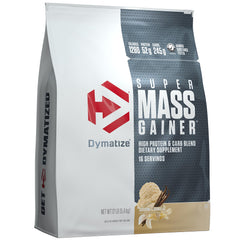 Envase Dymatize Super Mass Gainer frontal, presentación clara y potente aporte calórico