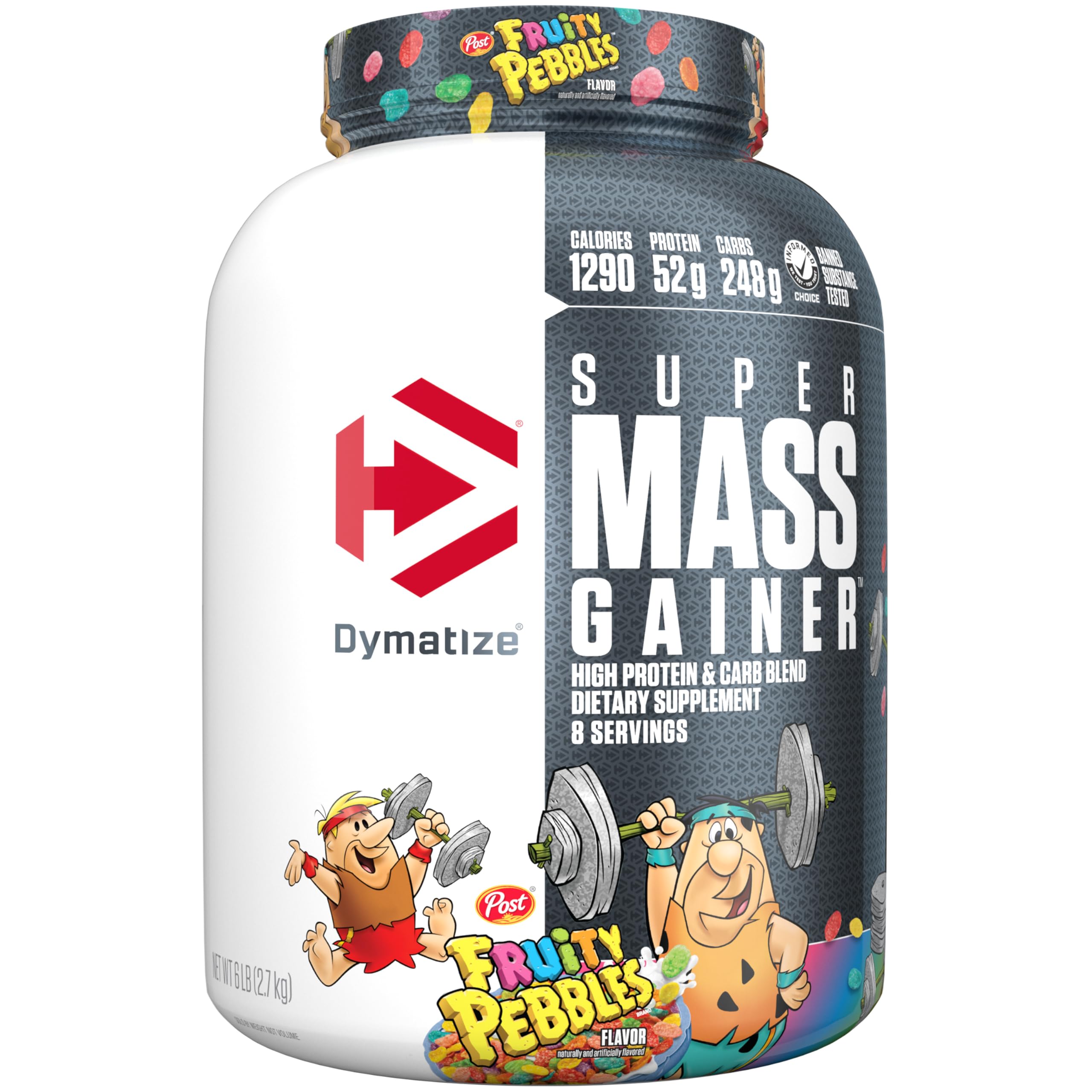 Dymatize envase frontal mostrando sabor Fruity Pebbles y beneficios calóricos