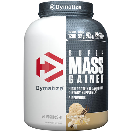 Dymatize Super Mass Gainer frontal mostrando envase y beneficios visuales