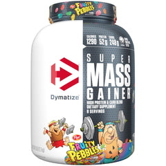 Dymatize envase frontal mostrando sabor Fruity Pebbles y beneficios calóricos