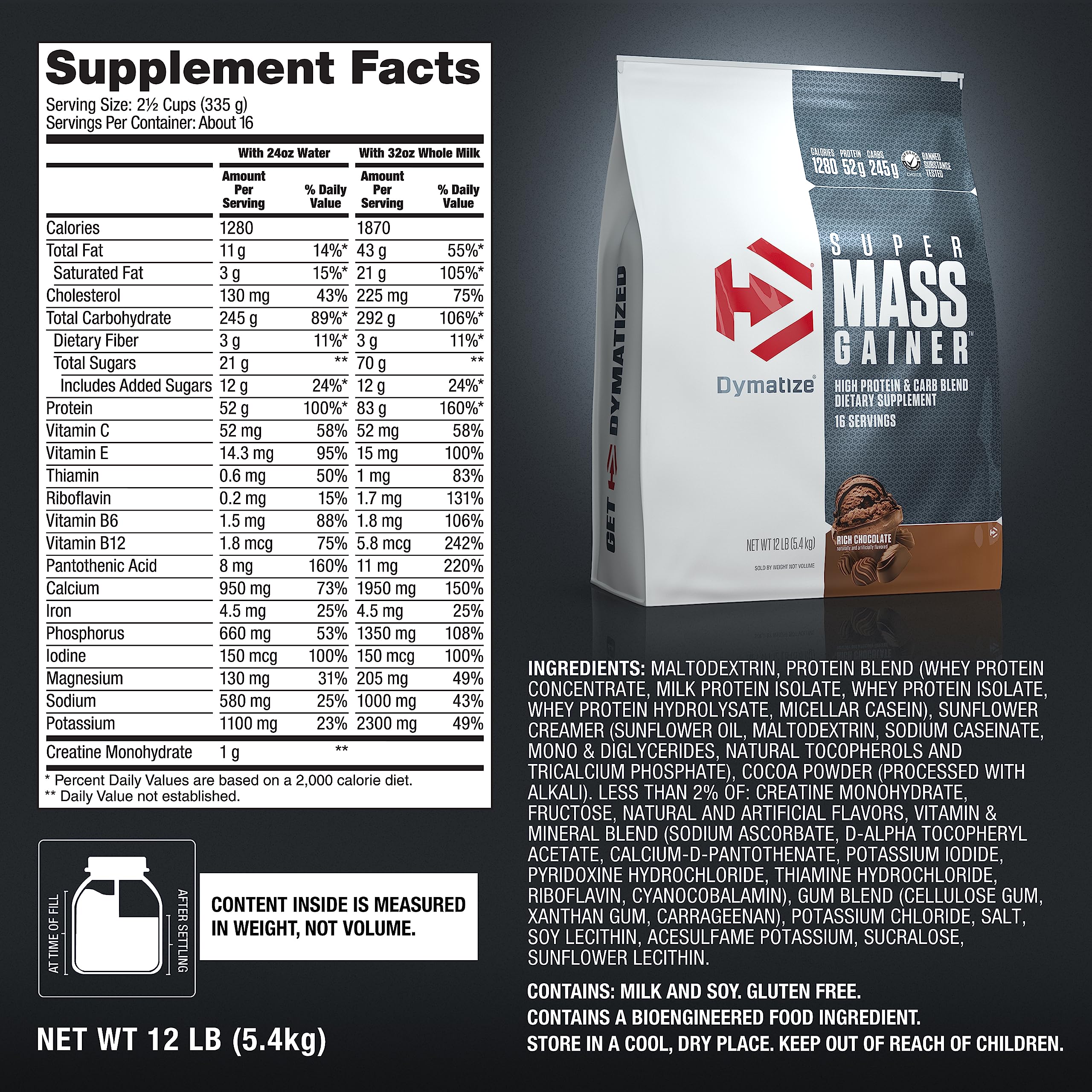 Dymatize ingredientes en primer plano resaltando creatina y BCAAs