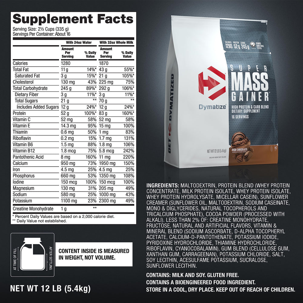 Dymatize ingredientes en primer plano resaltando creatina y BCAAs