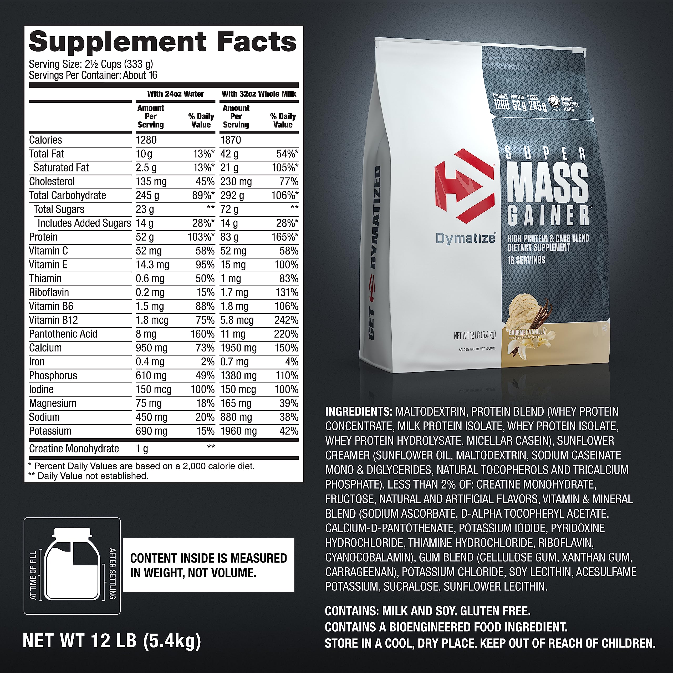 Vaso con batido Dymatize Super Mass Gainer después de entrenar, recuperación calórica rápida