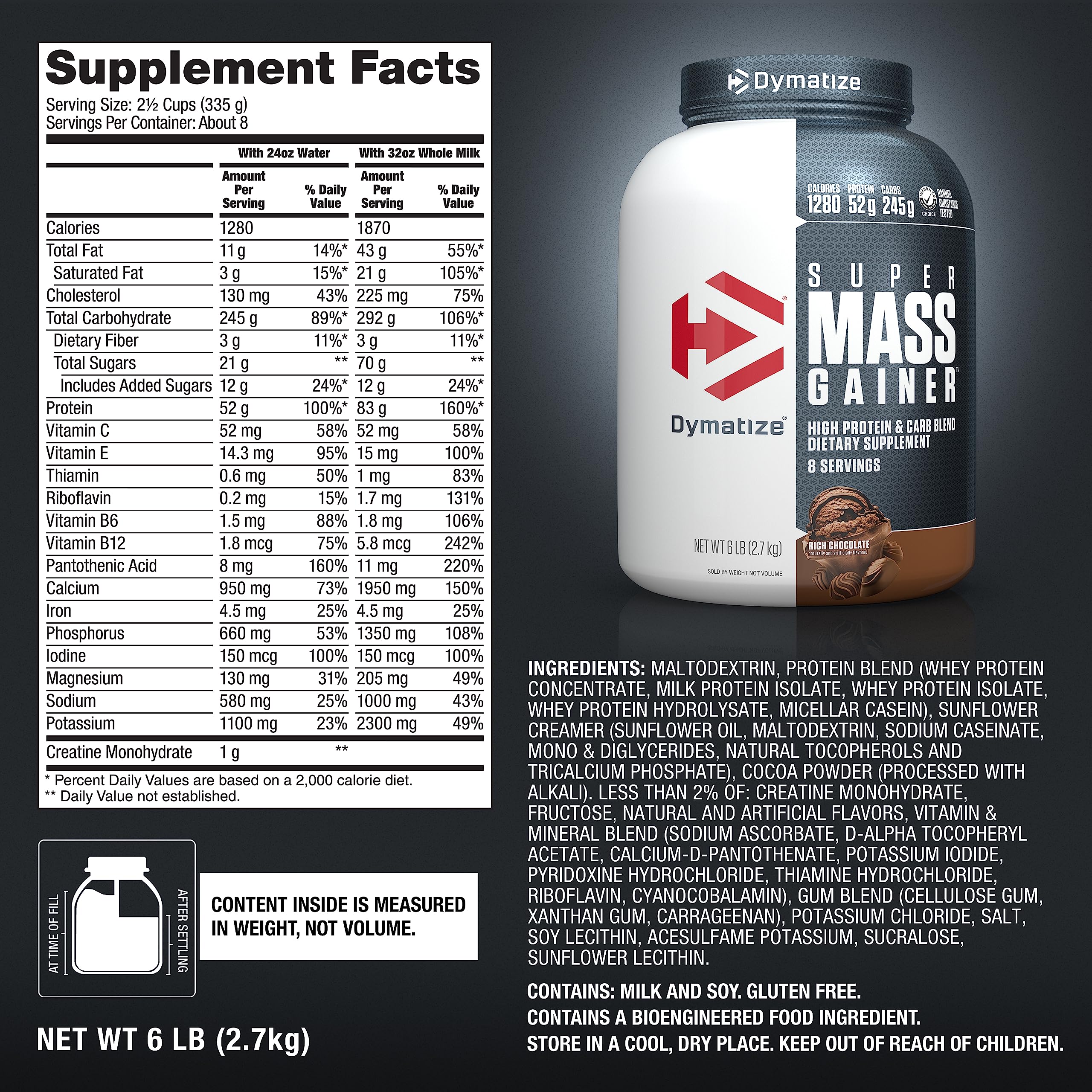 Dymatize etiqueta nutricional destacando proteínas, carbohidratos y creatina