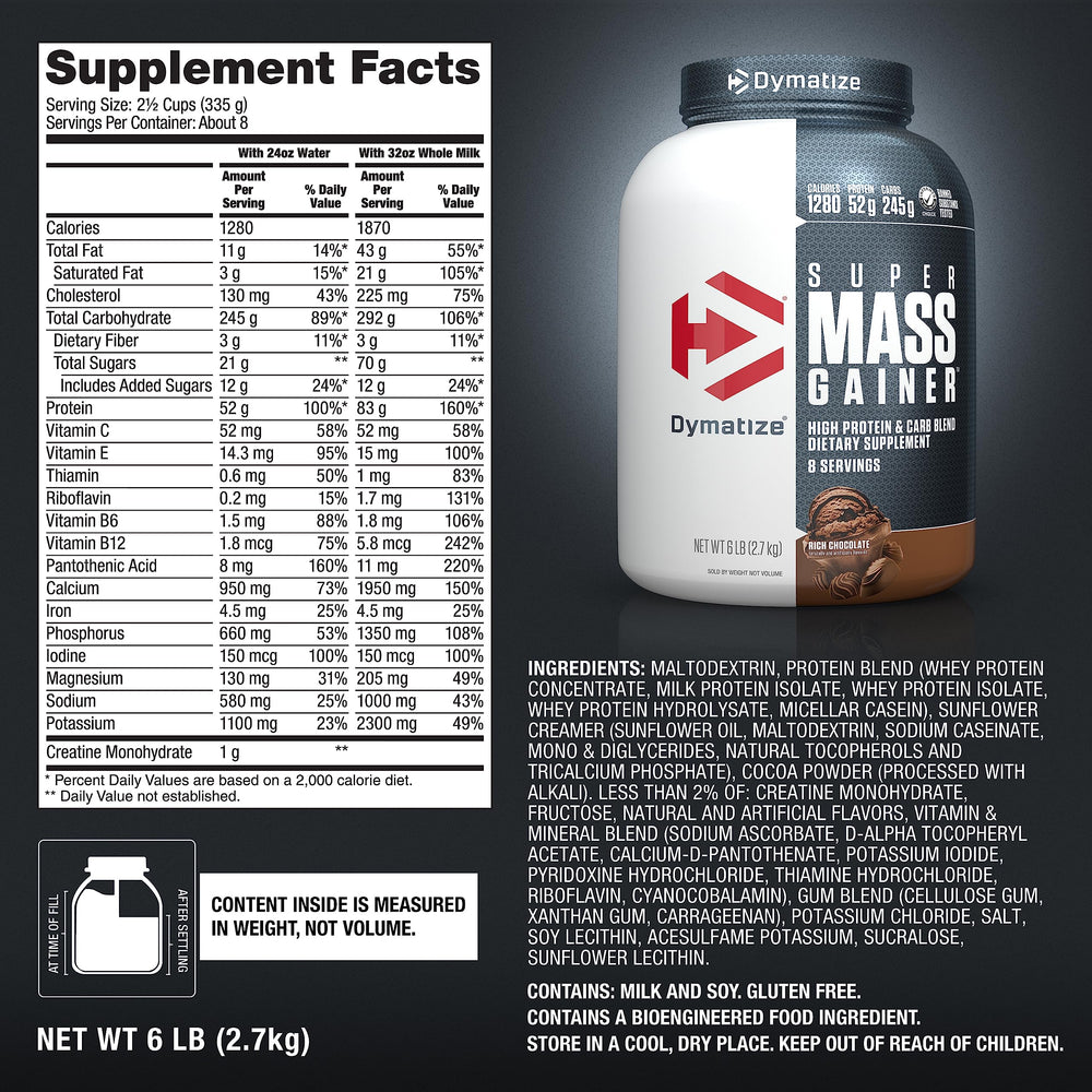 Dymatize etiqueta nutricional destacando proteínas, carbohidratos y creatina