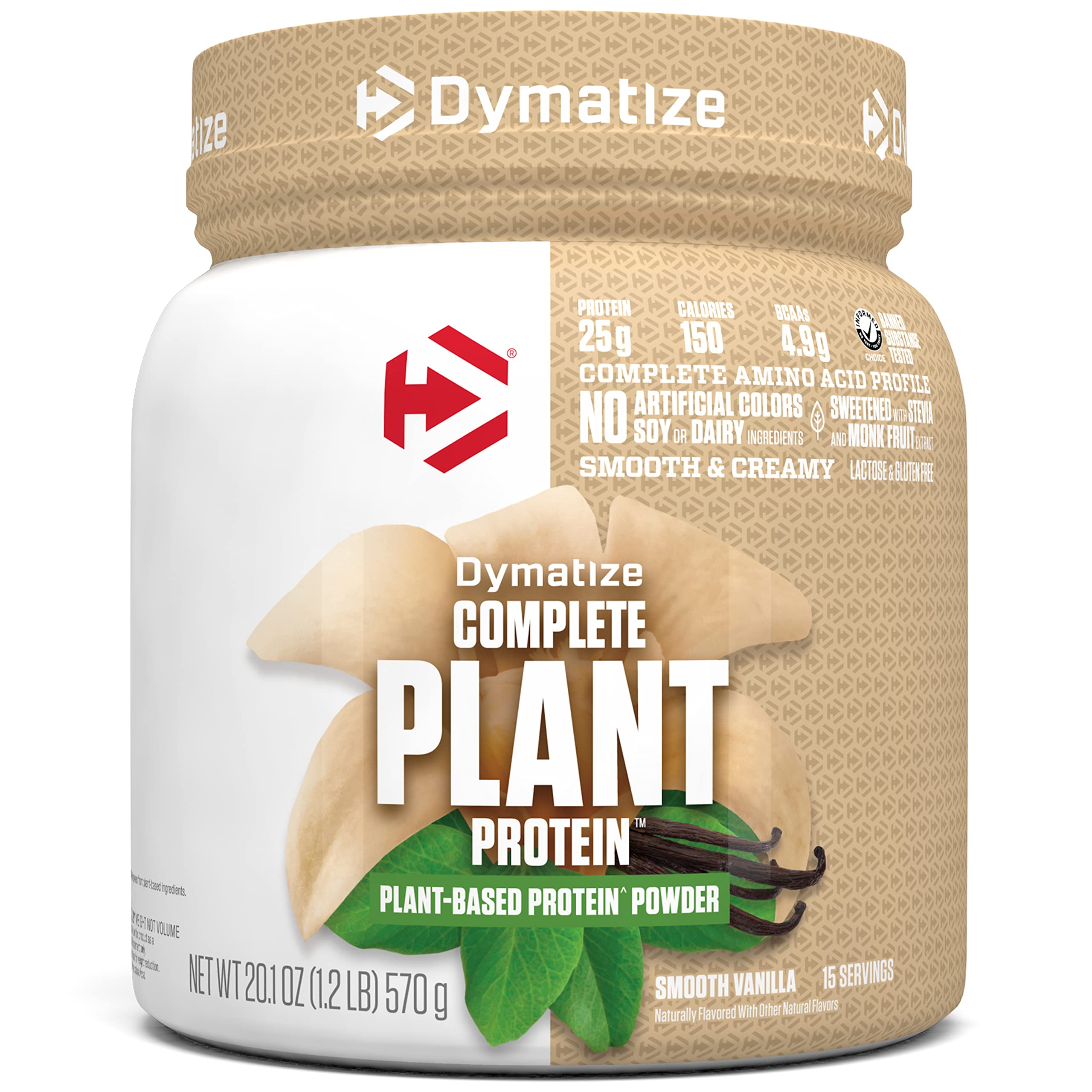 Envase Dymatize Vegan Plant Protein Vainilla Suave mostrando etiqueta y diseño, fácil identificación