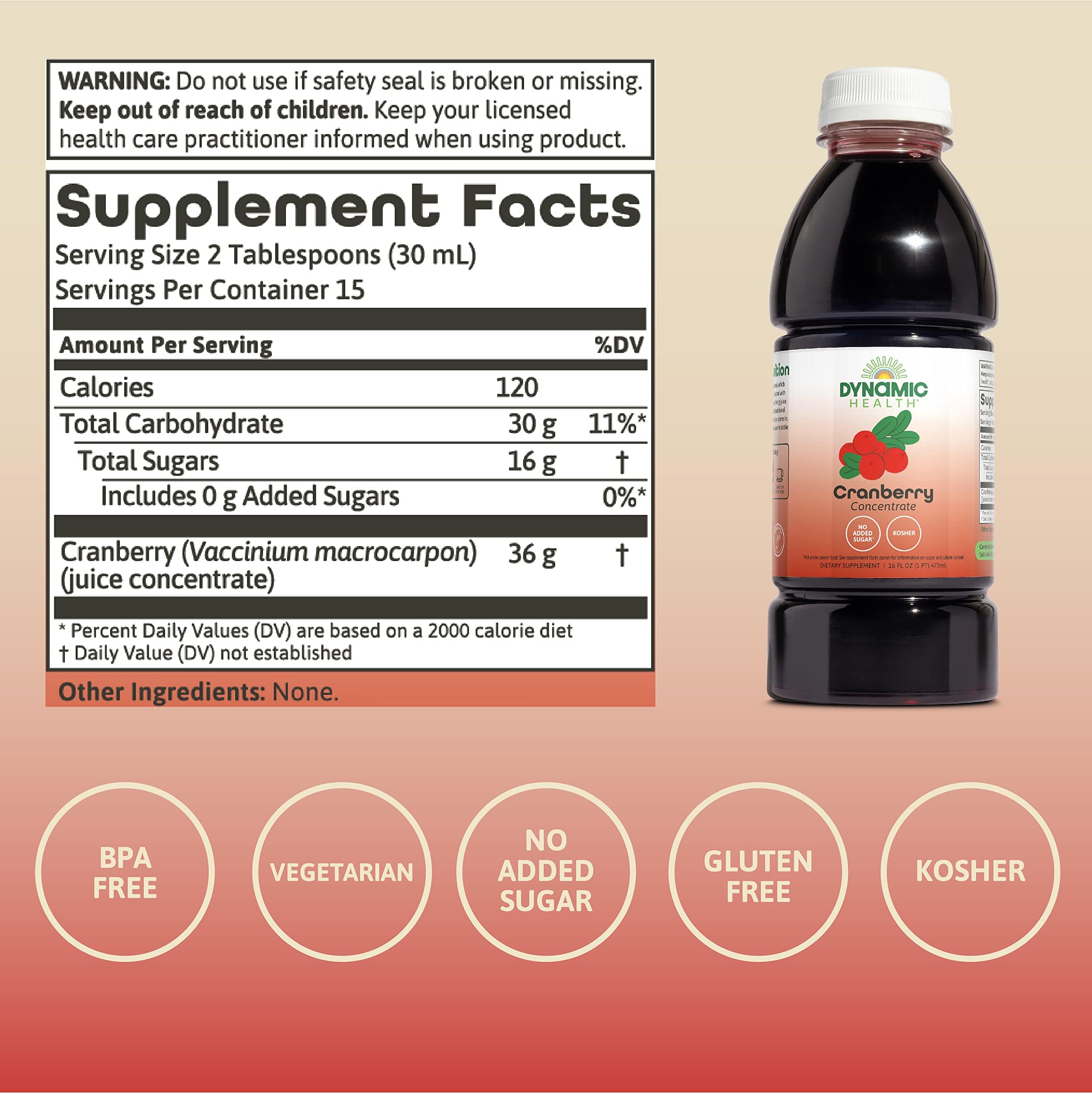 Dynamic Health etiqueta con información de ingredientes y certificaciones claras