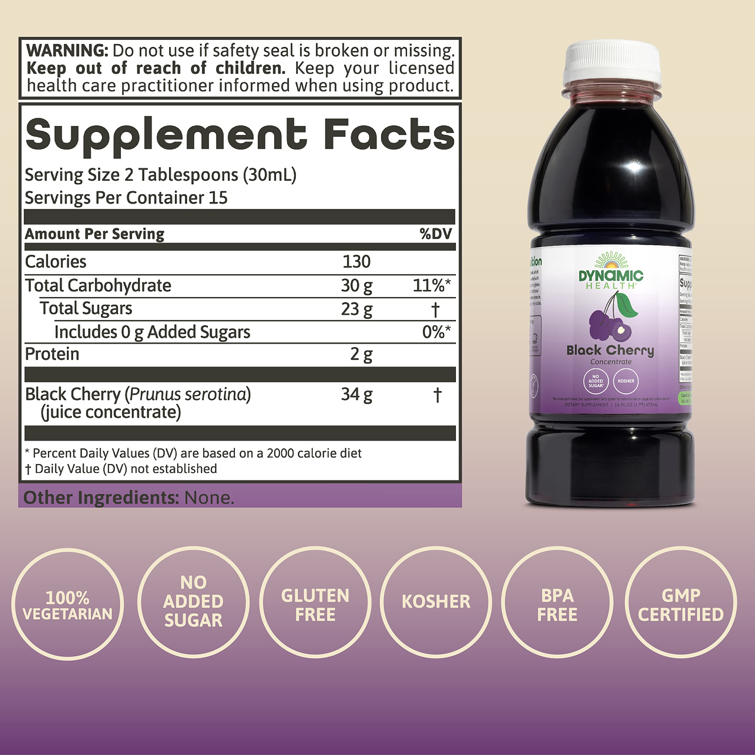 Dynamic Health etiqueta detalle que destaca ingredientes 100% jugo