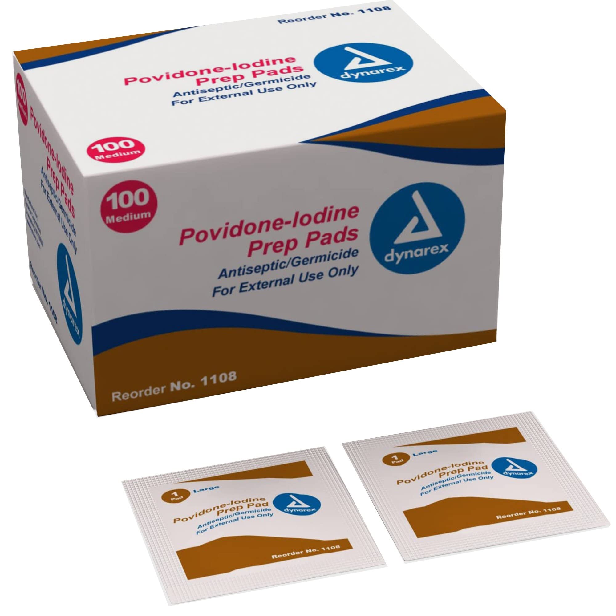 Dynarex paquete frontal mostrando 100 almohadillas, práctico para almacenamiento