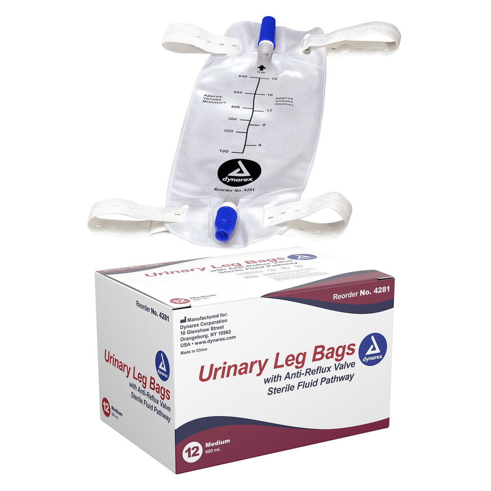 Dynarex bolsa de pierna frontal mostrando forma y capacidad 600 ml para discreción