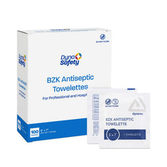 Dynarex empaque frontal mostrando caja de 100 toallitas para almacenamiento seguro