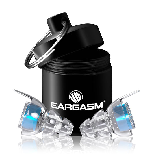 Eargasm frontal del empaque azul, protección audible y estilo