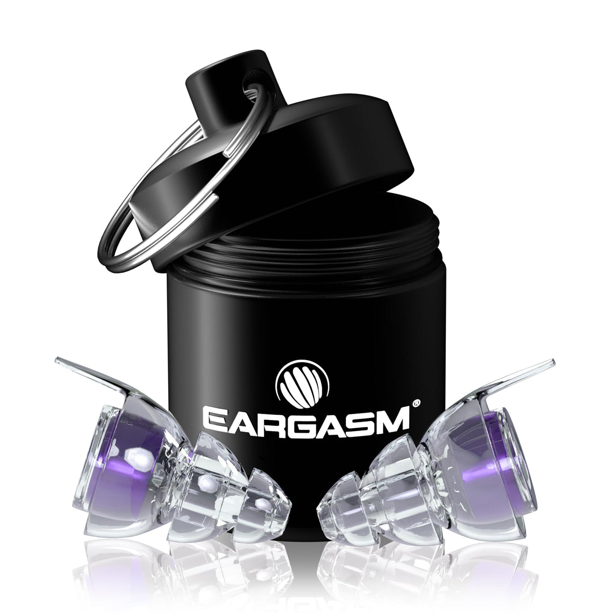 Eargasm tapones frontales morado hyperviolet mostrando diseño compacto y protección