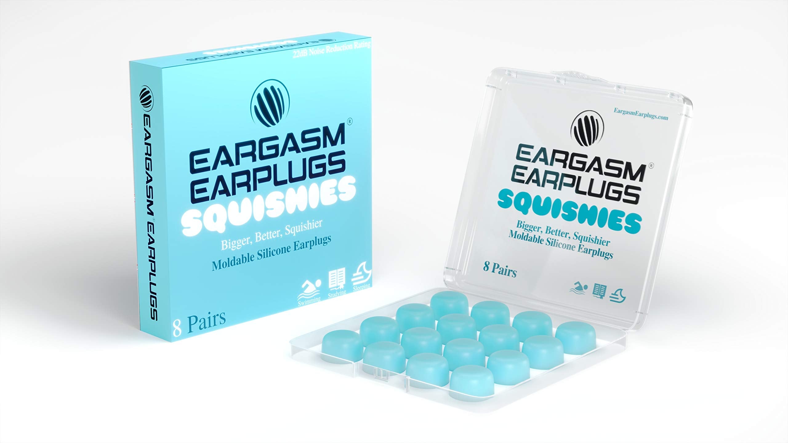 Eargasm paquete frontal mostrando ocho pares y estuche, ideal para viajar