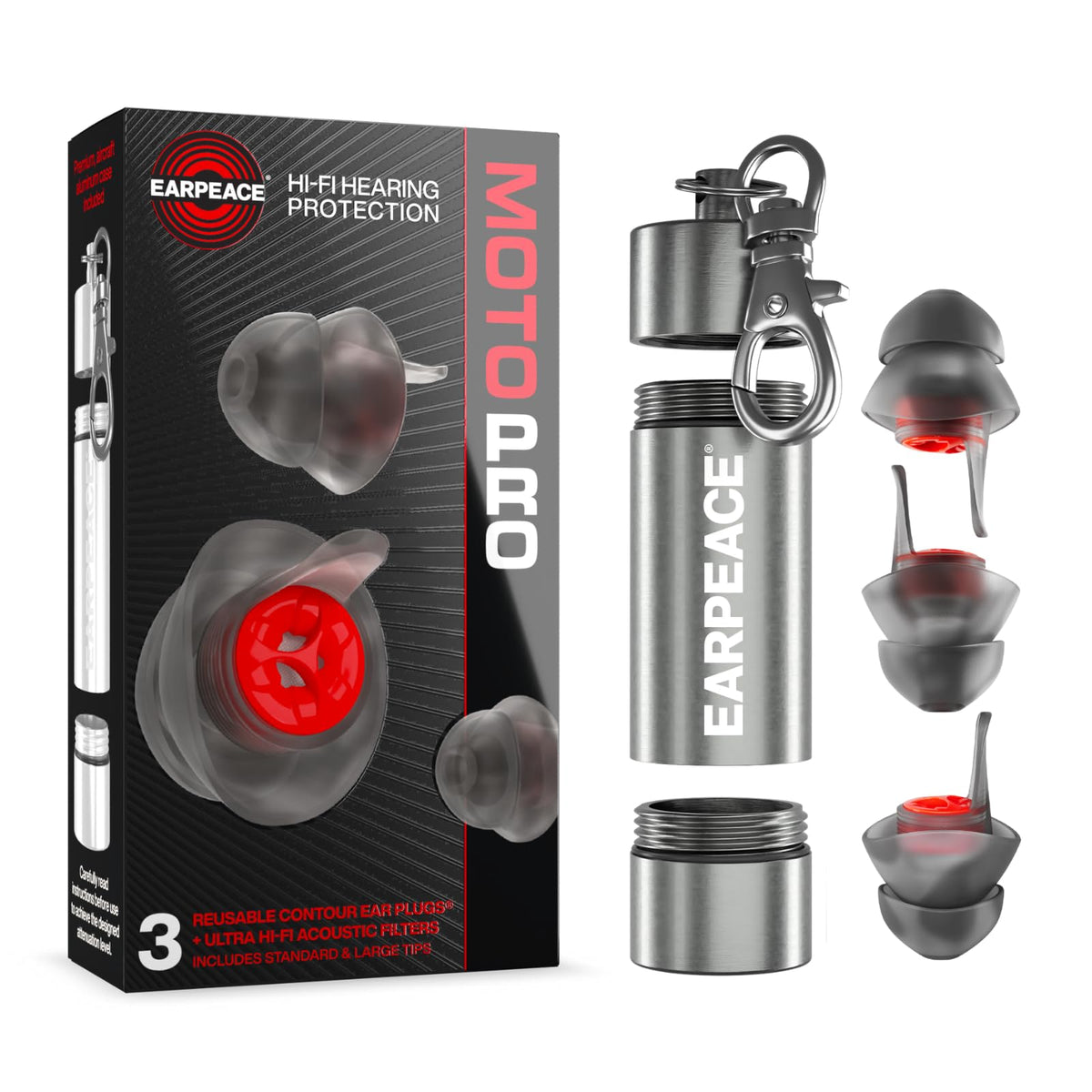 EarPeace frontal del empaque mostrando tapones y beneficios