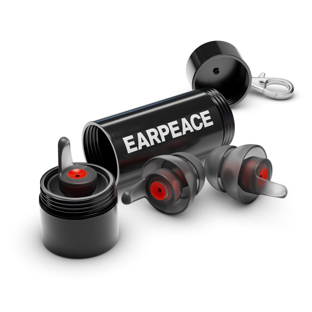 EarPeace vista frontal del paquete mostrando tapones y filtros, protección práctica