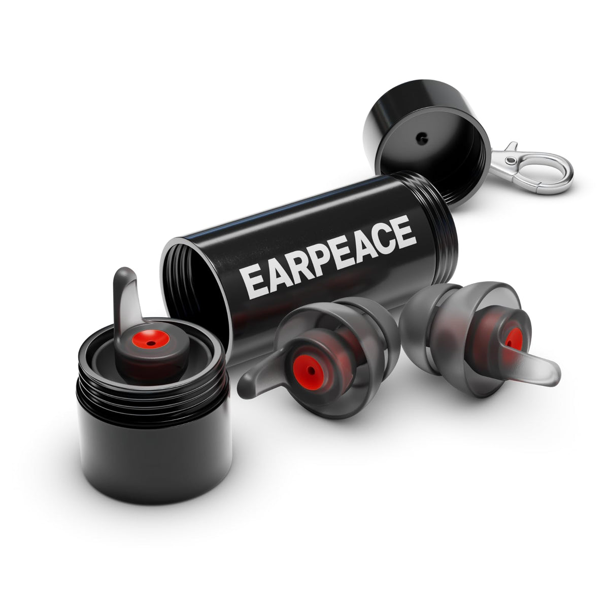 EarPeace vista frontal del paquete mostrando tapones y filtros, protección práctica