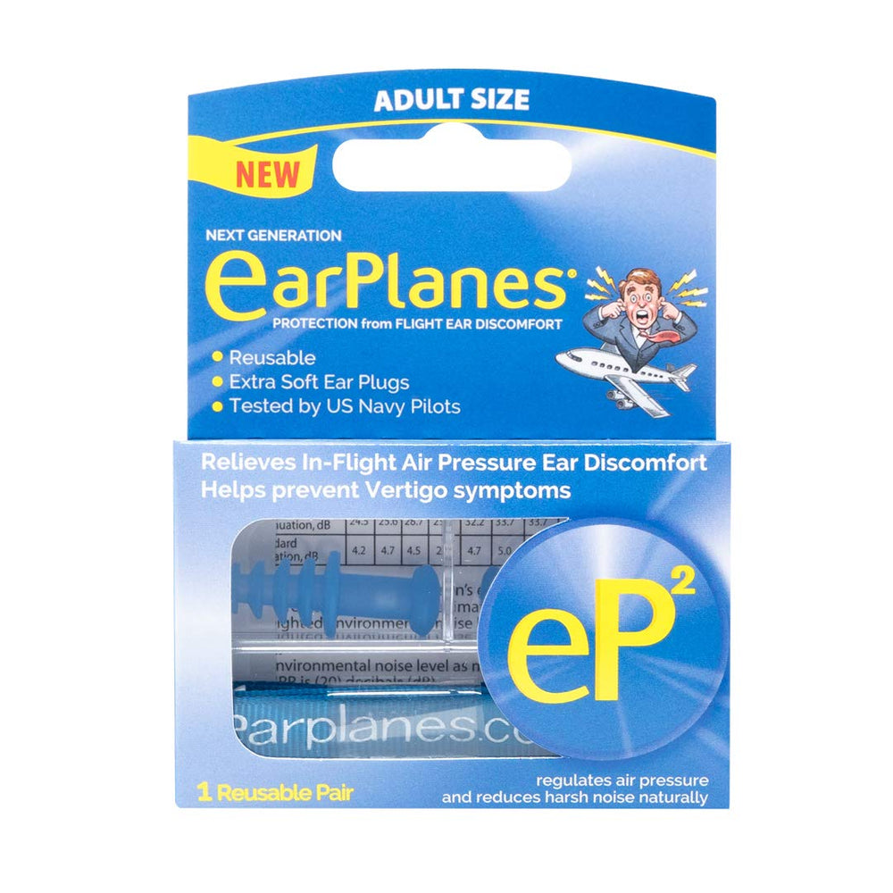 EarPlanes EP2 frente y empaque mostrando la marca y facilidad de transporte