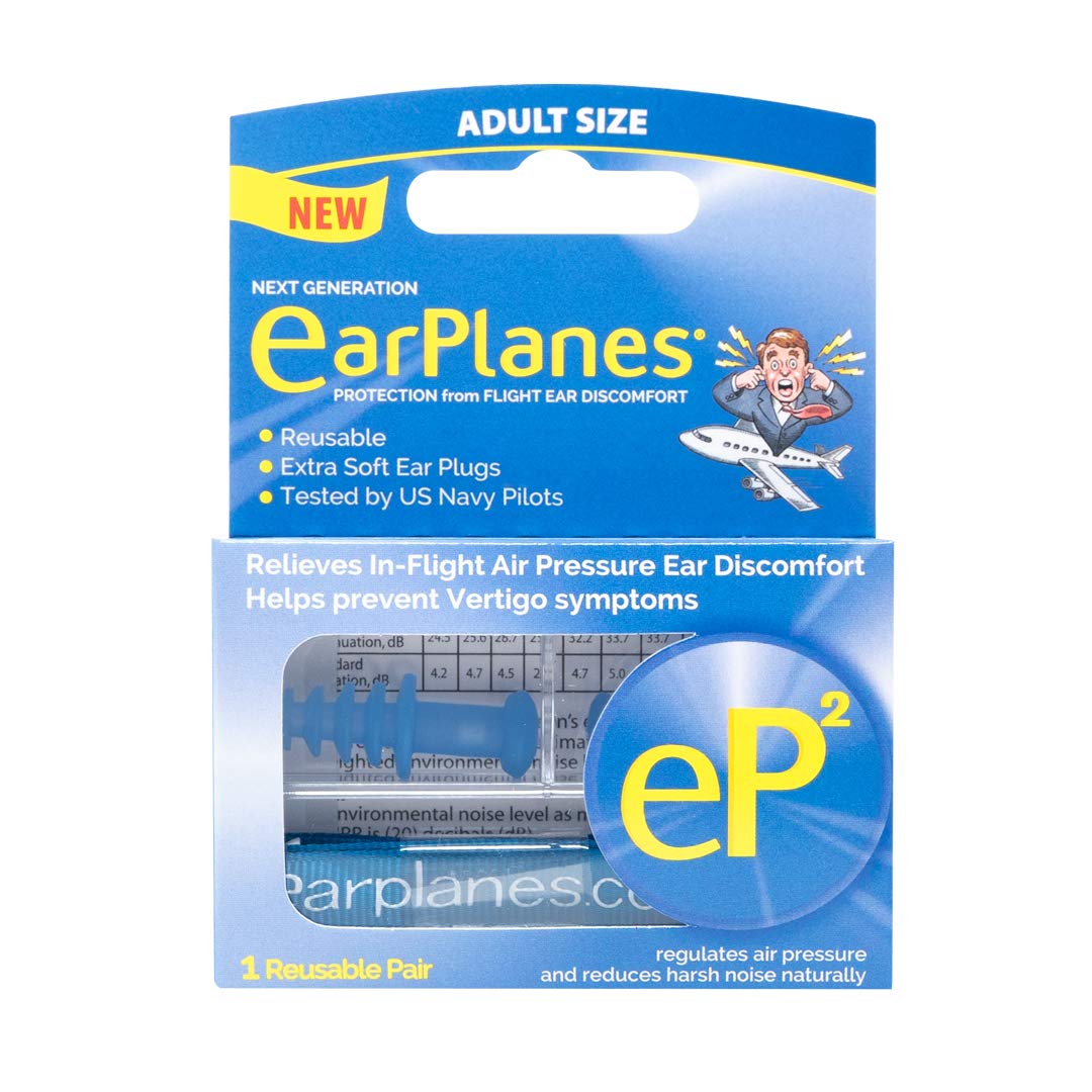 EarPlanes EP2 frente y empaque mostrando la marca y facilidad de transporte