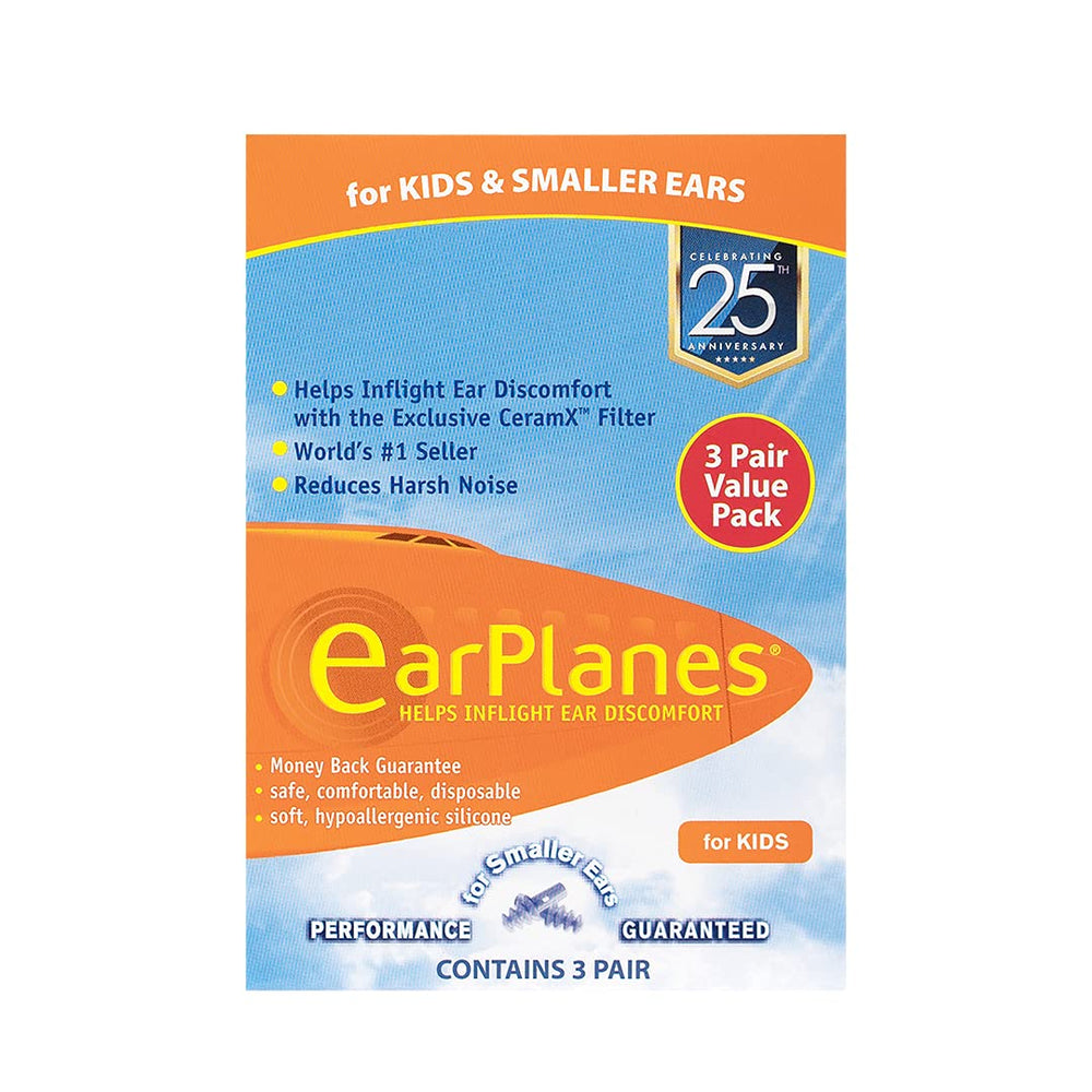 EarPlanes frente del paquete mostrando 3 pares y beneficios de vuelo