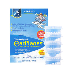 EarPlanes empaque frontal mostrando 5 pares y beneficios para viajar cómodo