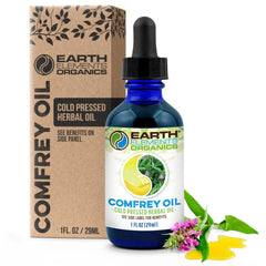 Earth Elements Organics frasco frontal del aceite de consuelda, presentación y control de calidad