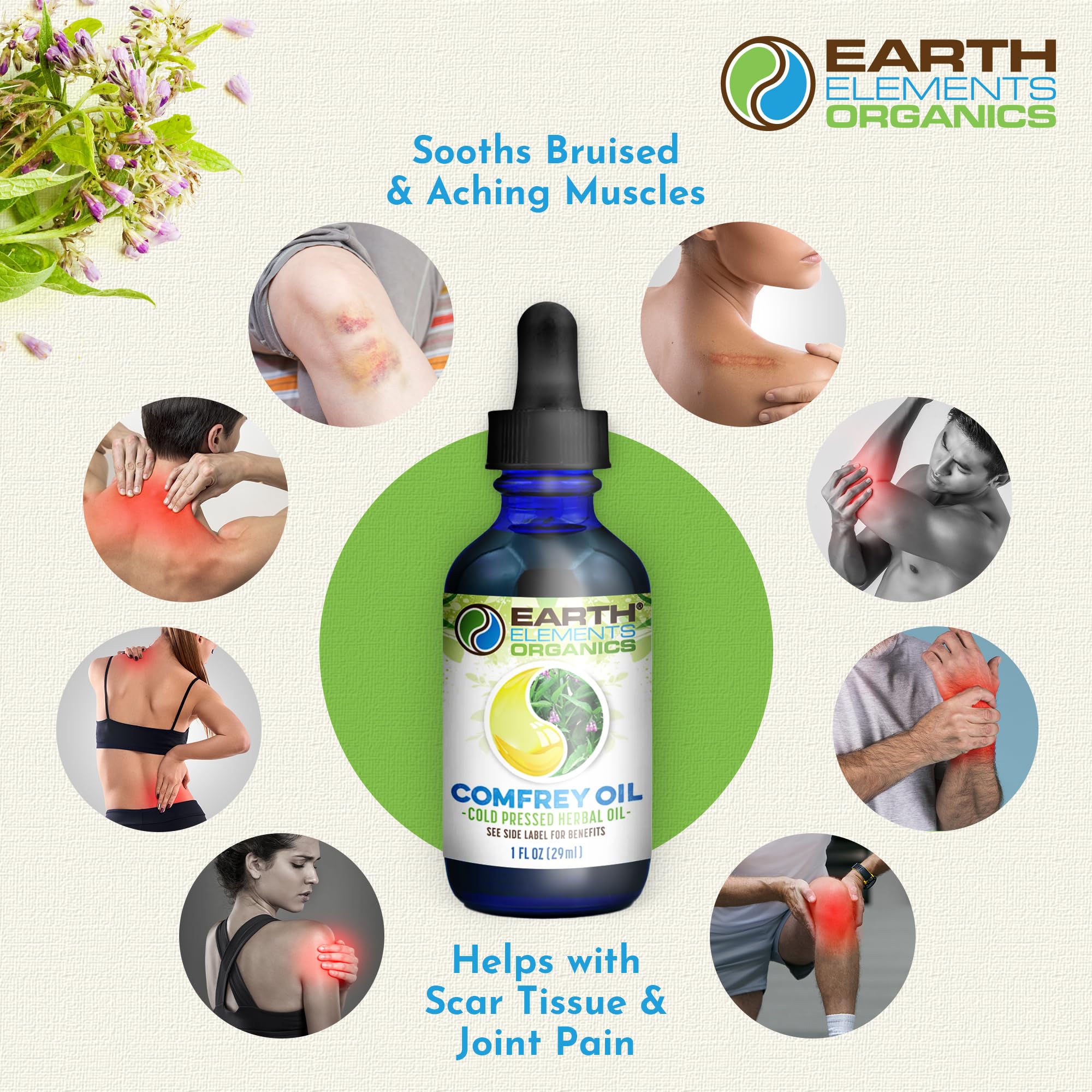 Earth Elements Organics frasco de vidrio con etiqueta clara, envase reutilizable y durable
