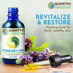 Earth Elements Organics hojas de consuelda secas junto al aceite, ilustra origen orgánico