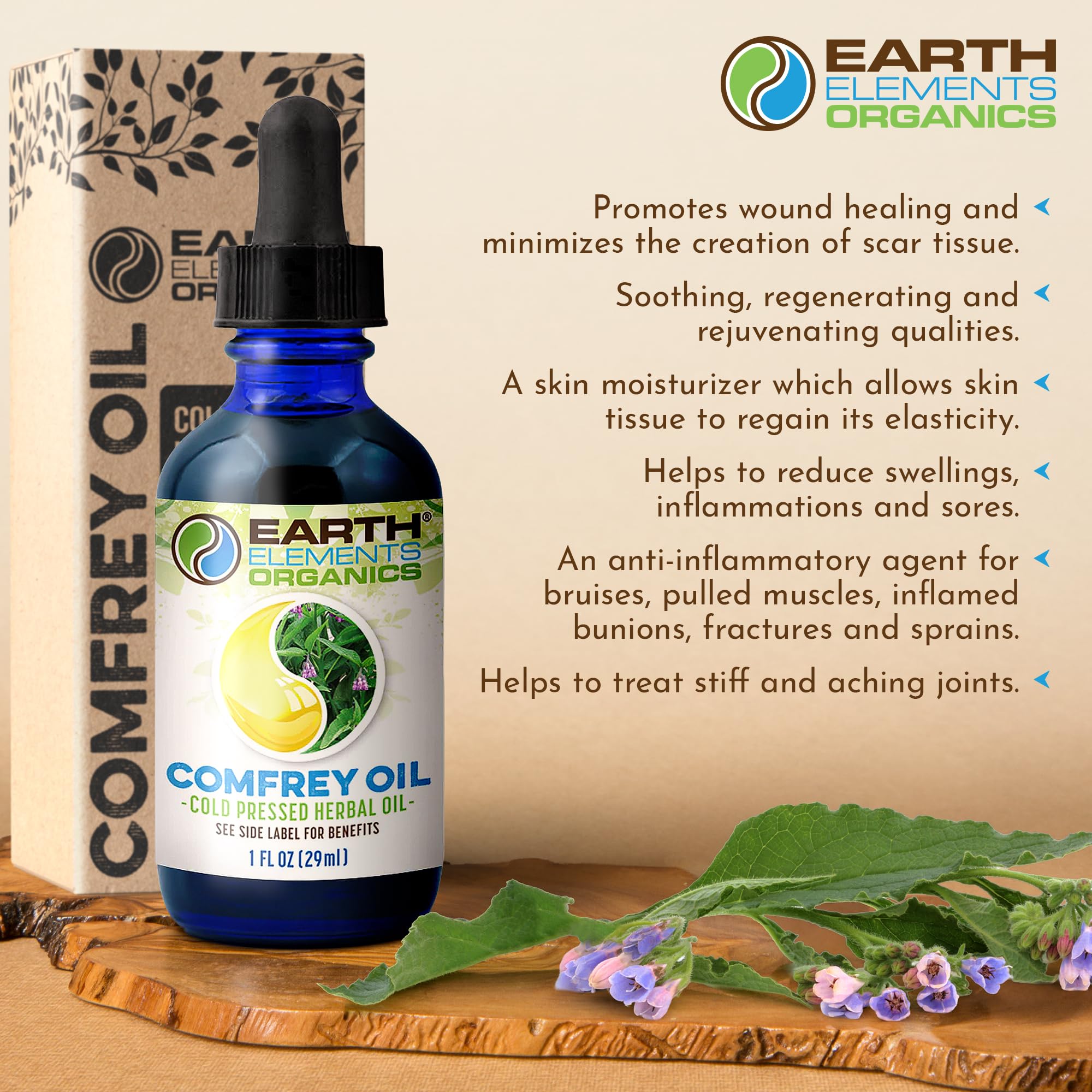 Earth Elements Organics comparación de tamaño del frasco con objetos cotidianos, referencia de escala
