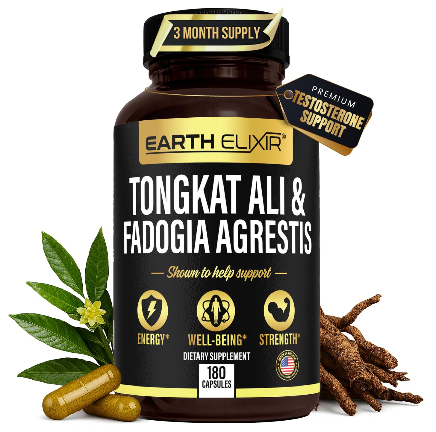 Earth Elixir frente del empaque mostrando la fórmula y beneficios