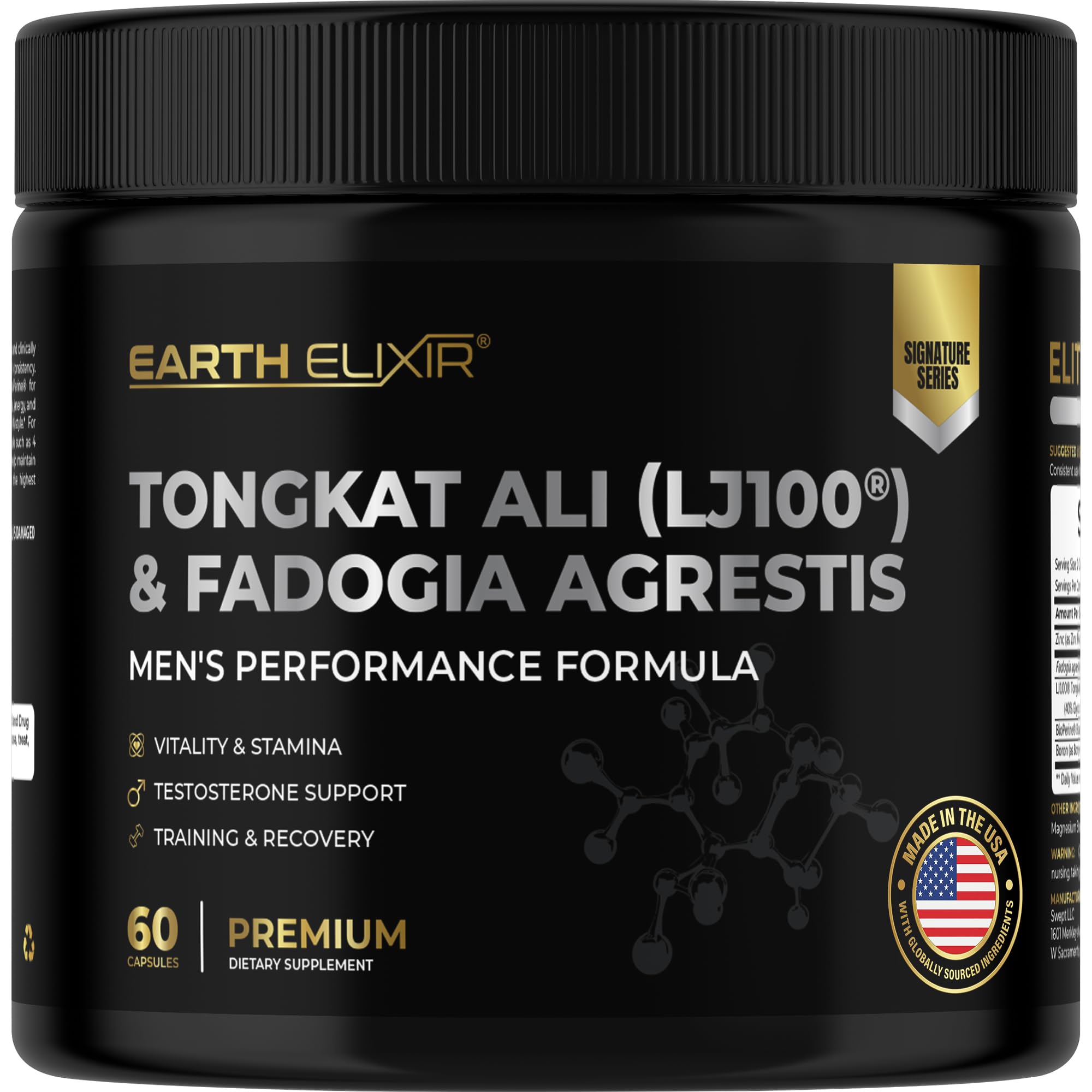 Earth Elixir envase frontal mostrando fórmula y beneficios