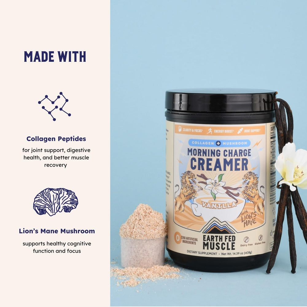 Earth Fed Muscle crema de café ya mezclada en taza, sabor vainilla