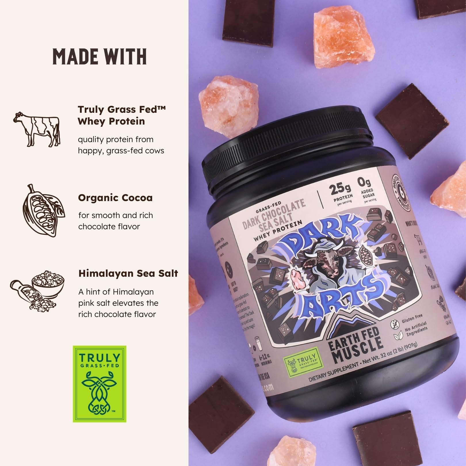 Earth Fed Muscle etiqueta nutricional destacando 25 g de proteína