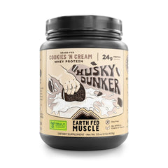 Earth Fed Muscle envase frontal Husky Dunker mostrando 2 lb y sabor cookies and cream